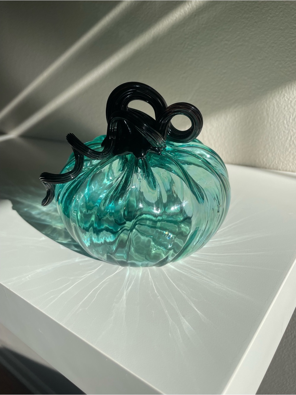 Teal Glass Pumpkin Sculpture with Dark Stem - Picture 7 of 12
